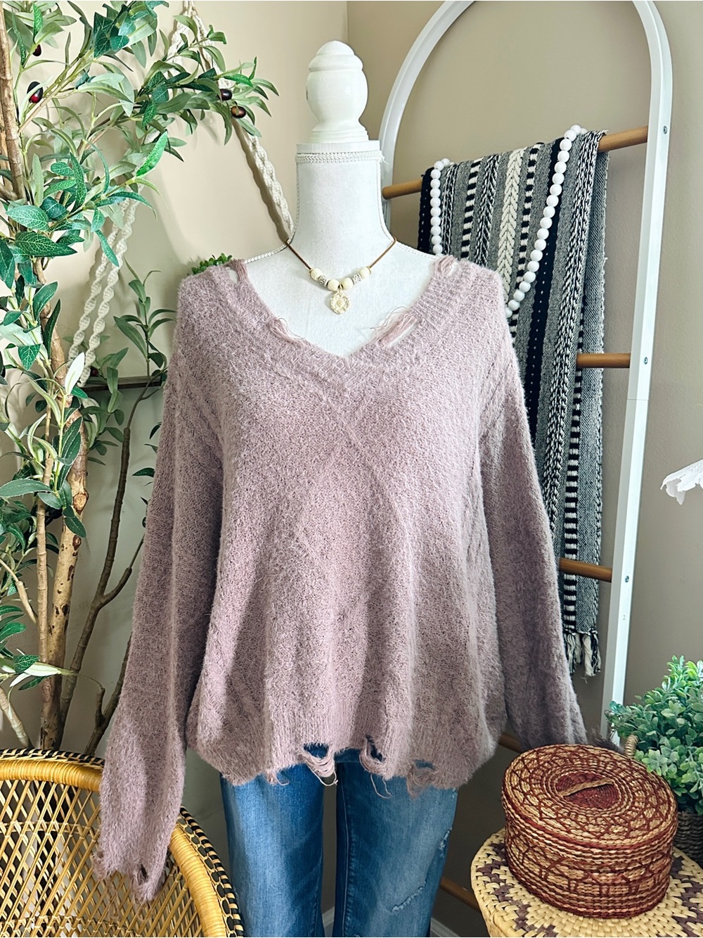 Kittenish Mauve Fuzzy Eyelash Knit Oversized Distressed V Neck Sweater
